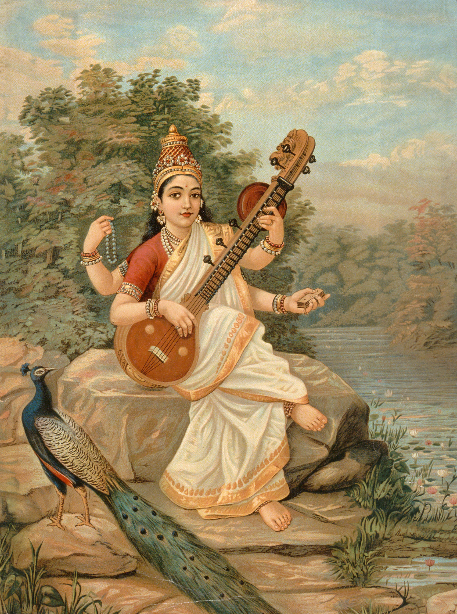 Saraswathi Maa, the goddess of learning, depicted in a 19th-century Ravi Varma chromolithograph